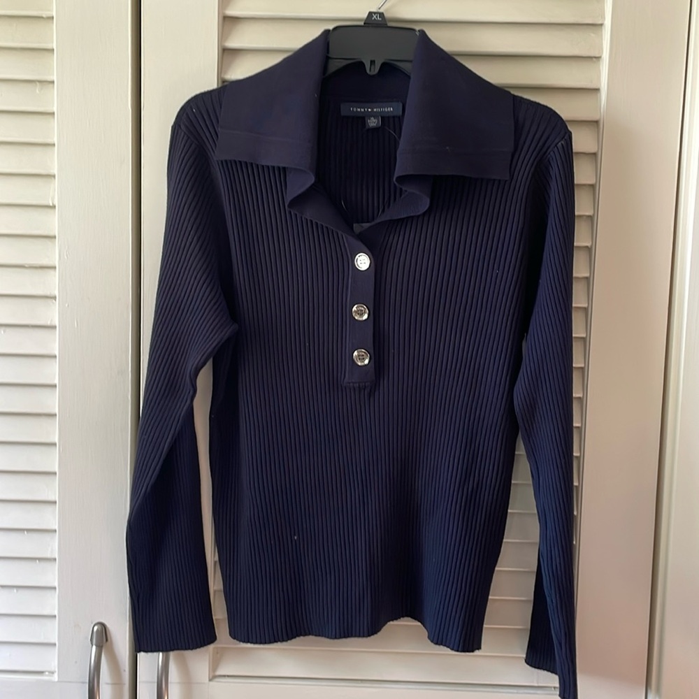 TOMMY HILFIGER - Ribbed Sweater- Split Collar - Navy w/Silver Button  - NWT